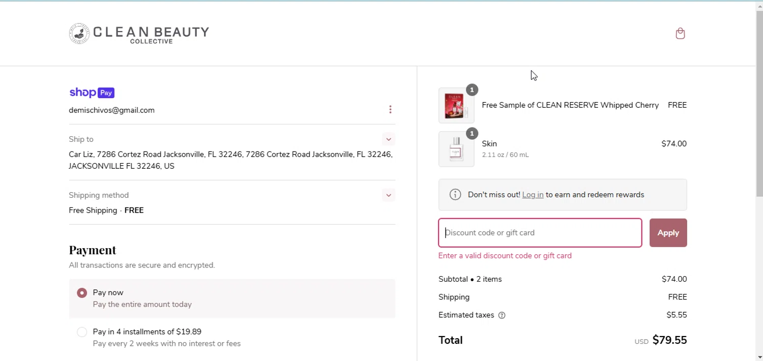 Clean Beauty promo code screenshot showing code WINTER25 applied at Clean Beauty checkout page. Uploaded by SimplyCodes community member RewardMonarch5847 on Jan 24, 2025
