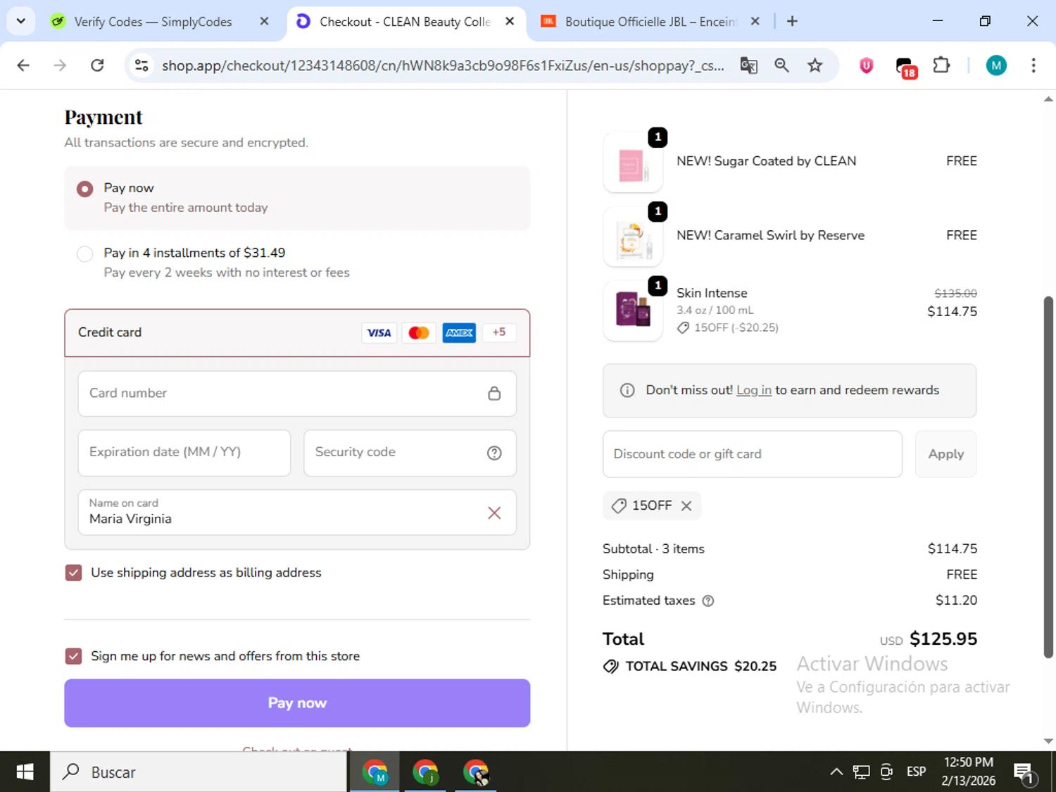Clean Beauty checkout page showing Clean Beauty promo code box | Screenshot taken by SimplyCodes community member on Feb 13, 2026