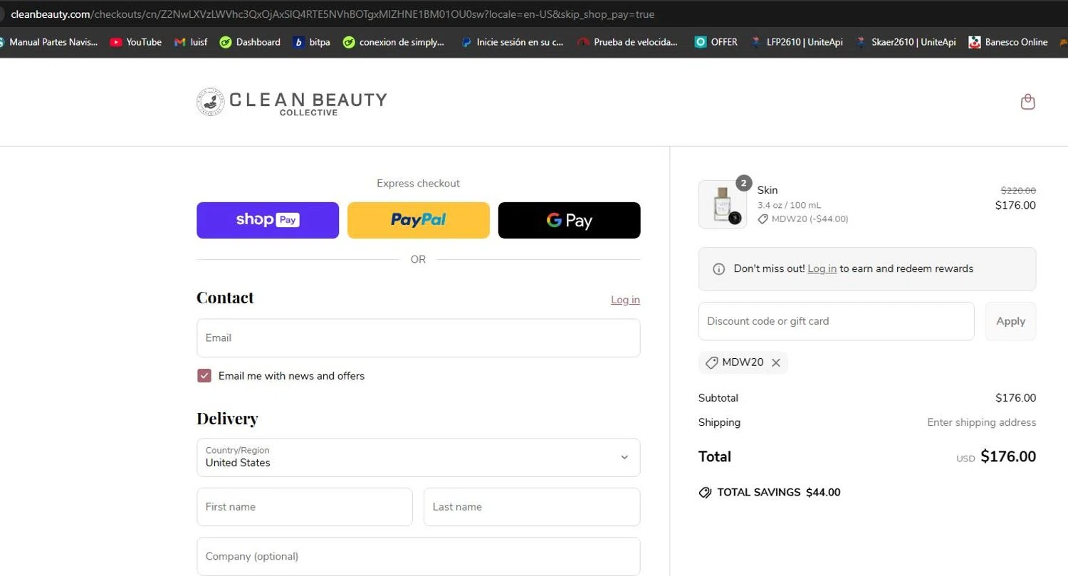 Clean Beauty promo code screenshot showing code MDW20 applied at Clean Beauty checkout page. Uploaded by SimplyCodes community member lfppernia on May 23, 2025