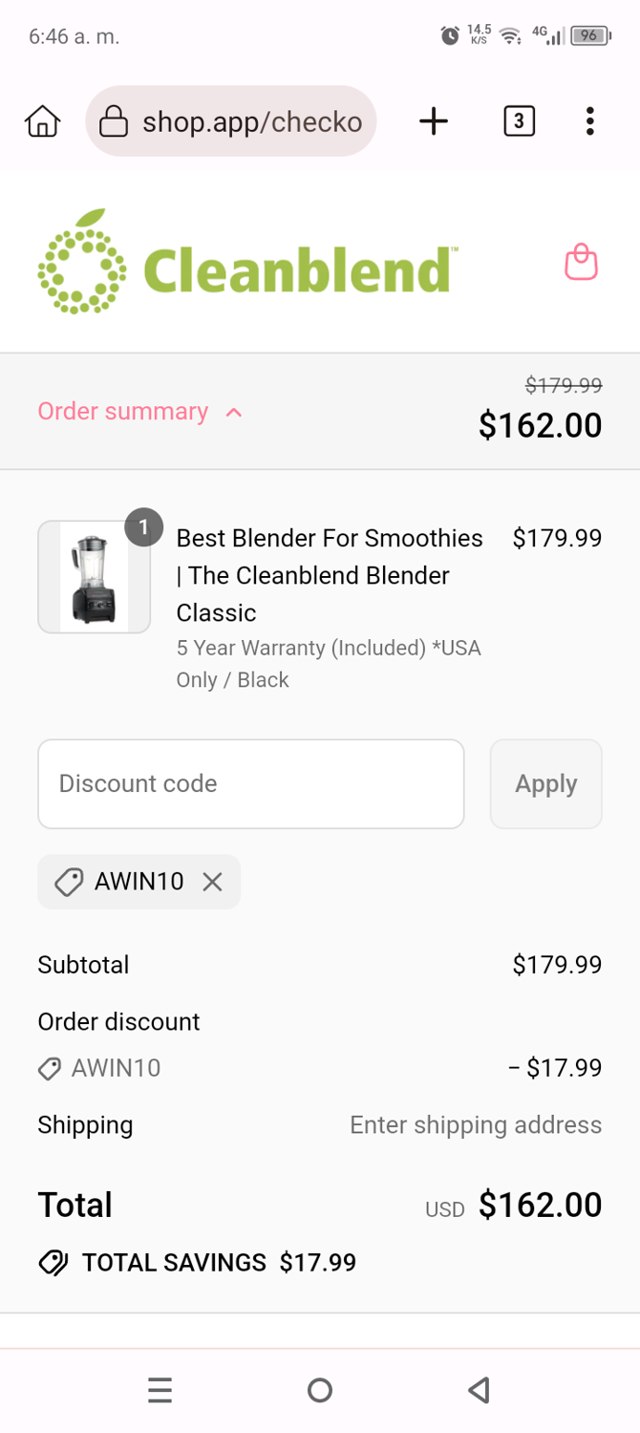 Cleanblend checkout page showing Cleanblend promo code box | Screenshot taken by SimplyCodes community member on Sep 4, 2025