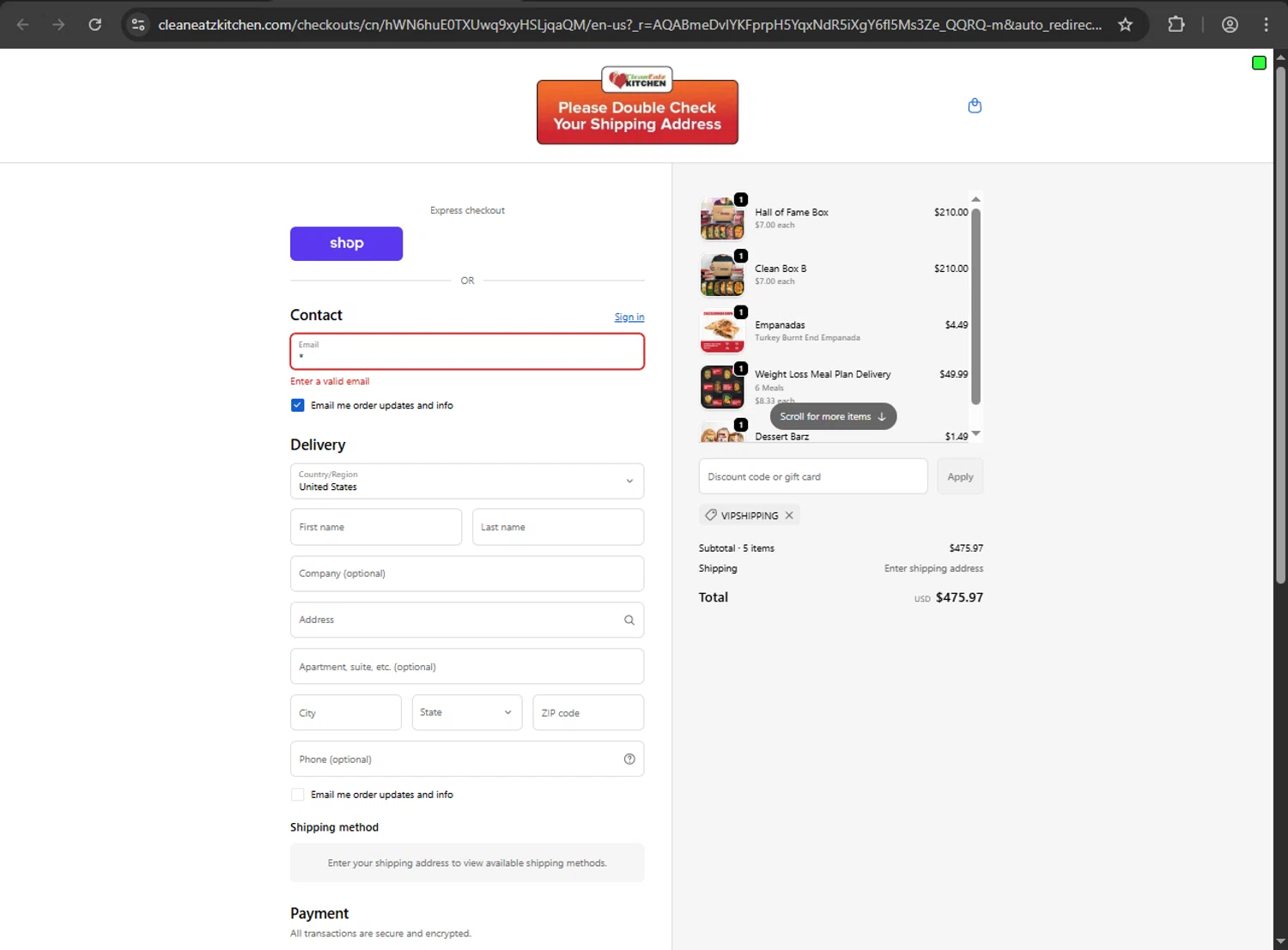 Clean Eatz Kitchen promo code screenshot showing code VIPSHIPPING applied at Clean Eatz Kitchen checkout page. Uploaded by SimplyCodes community member luffyreturn on Dec 22, 2025