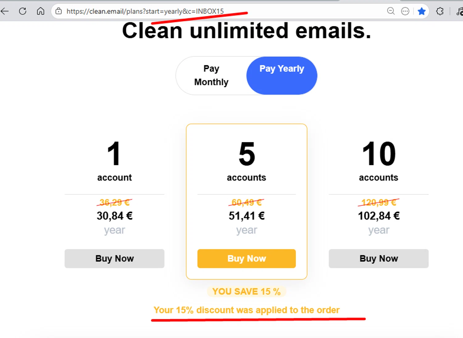 Clean Email promo code screenshot showing code INBOX15 applied at Clean Email checkout page. Uploaded by SimplyCodes community member carmennoviko on Dec 20, 2025