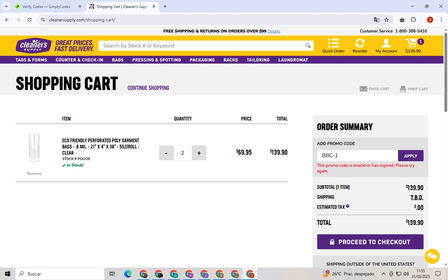 Cleaner's Supply promo code screenshot showing code BBC-1 applied at Cleaner's Supply checkout page. Uploaded by SimplyCodes community member ExtraordinaryVirtuoso6801 on Mar 31, 2025