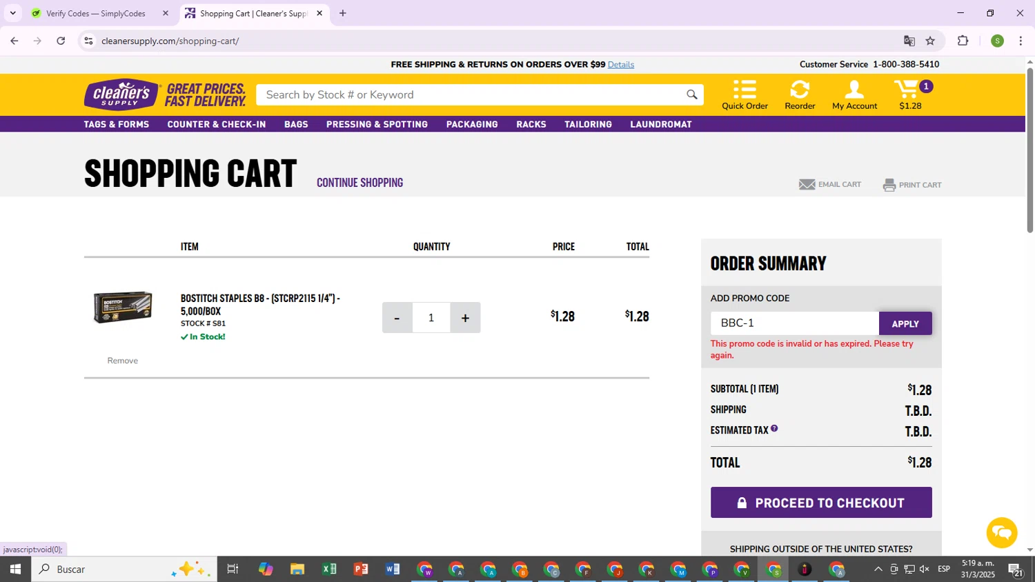 Cleaner's Supply promo code screenshot showing code BBC-1 applied at Cleaner's Supply checkout page. Uploaded by SimplyCodes community member RewardOwl2444 on Mar 31, 2025