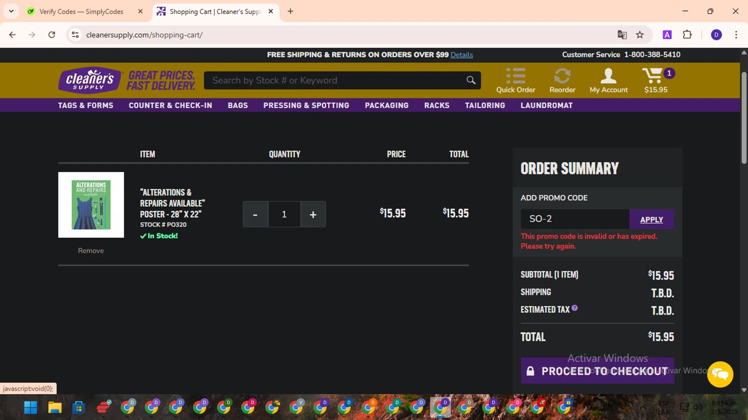 Cleaner's Supply promo code screenshot showing code SO-2 applied at Cleaner's Supply checkout page. Uploaded by SimplyCodes community member PromoLion4240 on May 2, 2025