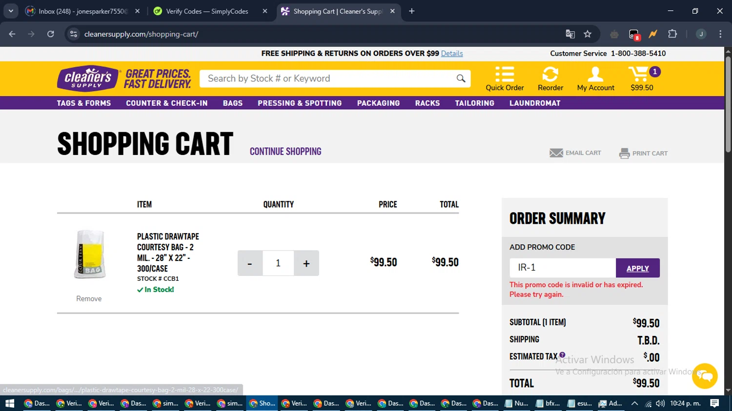 Cleaner's Supply promo code screenshot showing code IR-1 applied at Cleaner's Supply checkout page. Uploaded by SimplyCodes community member ScanLynx8928 on Apr 17, 2025