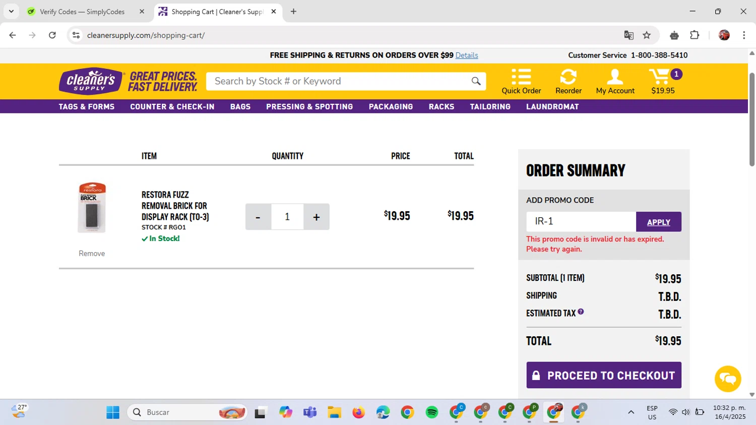 Cleaner's Supply promo code screenshot showing code IR-1 applied at Cleaner's Supply checkout page. Uploaded by SimplyCodes community member GloriousDefender7889 on Apr 17, 2025