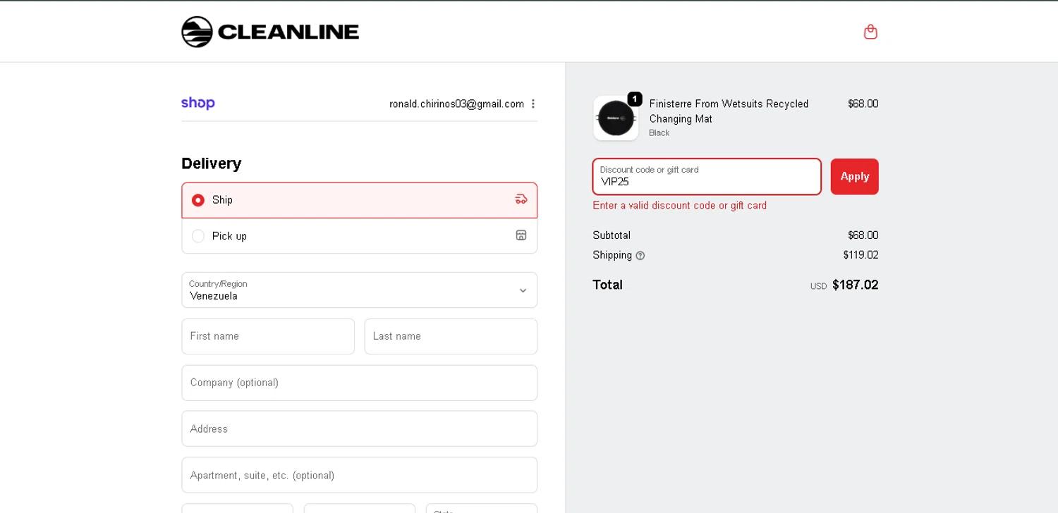 Cleanline Surf discount code screenshot showing code VIP25 applied at Cleanline Surf checkout page. Uploaded by SimplyCodes community member SmartWhiz589 on Nov 30, 2025
