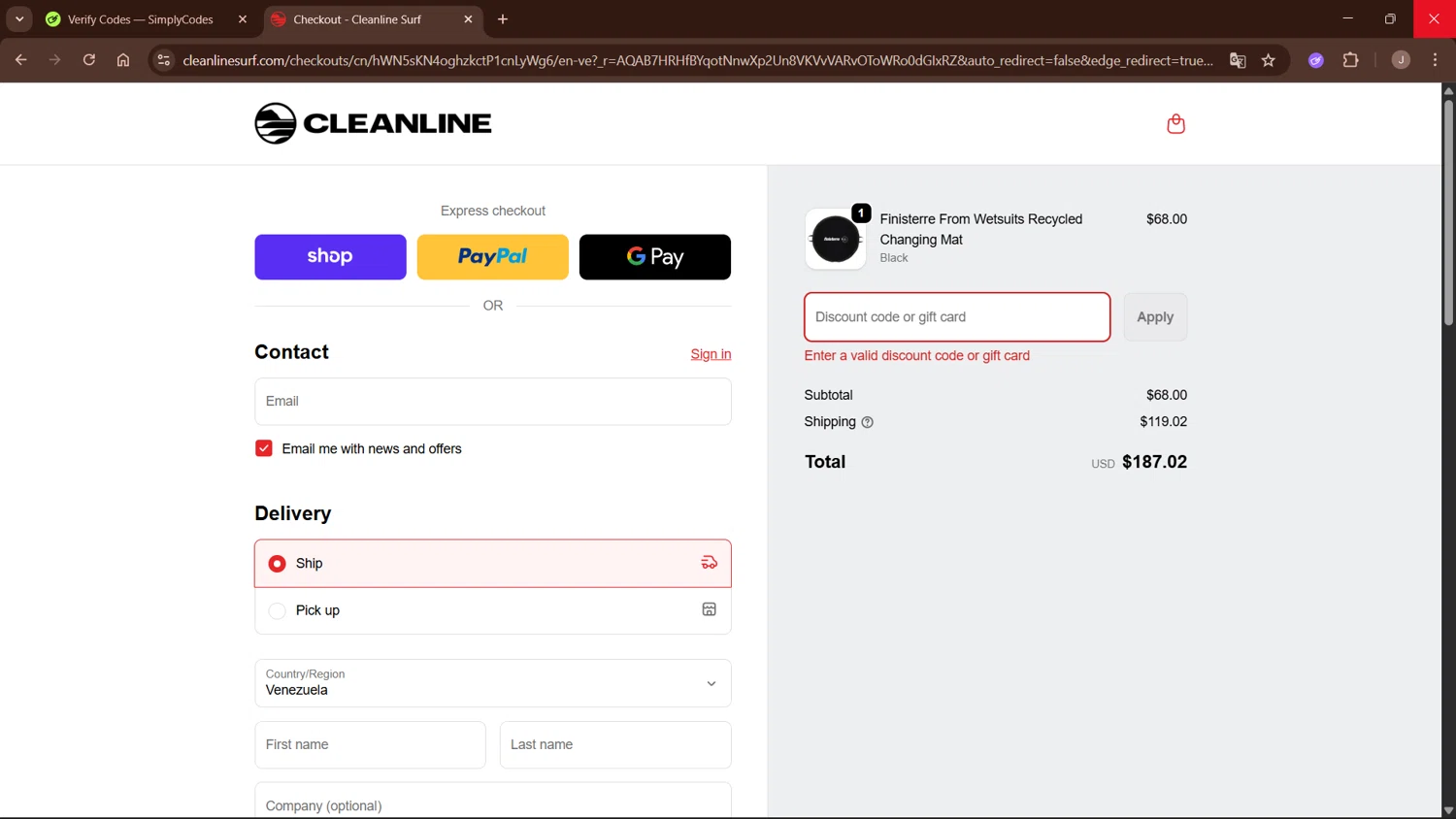 Cleanline Surf discount code screenshot showing code VIP25 applied at Cleanline Surf checkout page. Uploaded by SimplyCodes community member WisePro3955 on Nov 30, 2025