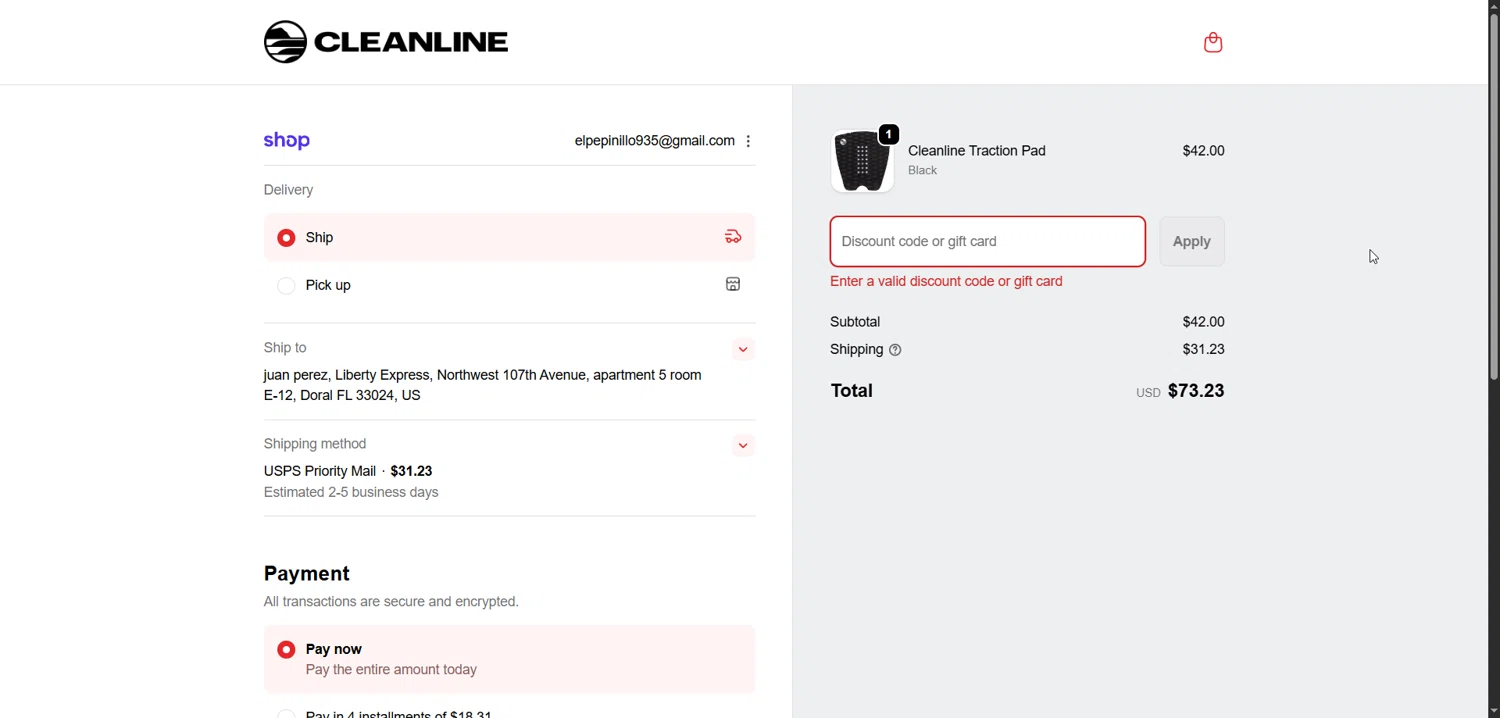 Cleanline Surf discount code screenshot showing code holiday25 applied at Cleanline Surf checkout page. Uploaded by SimplyCodes community member varusitochambeador3 on Dec 17, 2025