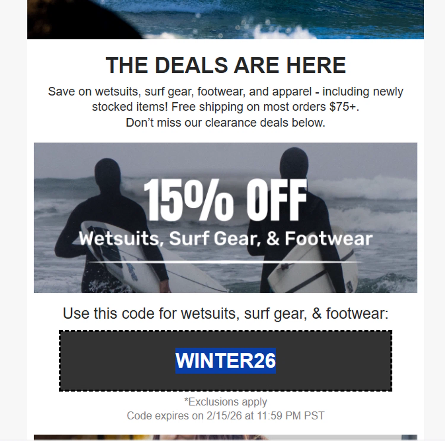Cleanline Surf discount code screenshot showing code WINTER26 applied at Cleanline Surf checkout page. Uploaded by SimplyCodes community member valeriaantonieta on Jan 9, 2026