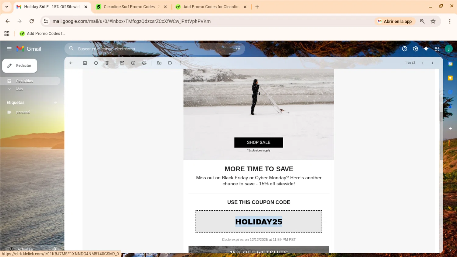 Cleanline Surf discount code screenshot showing code holiday25 applied at Cleanline Surf checkout page. Uploaded by SimplyCodes community member yennifergonzalez on Dec 3, 2025