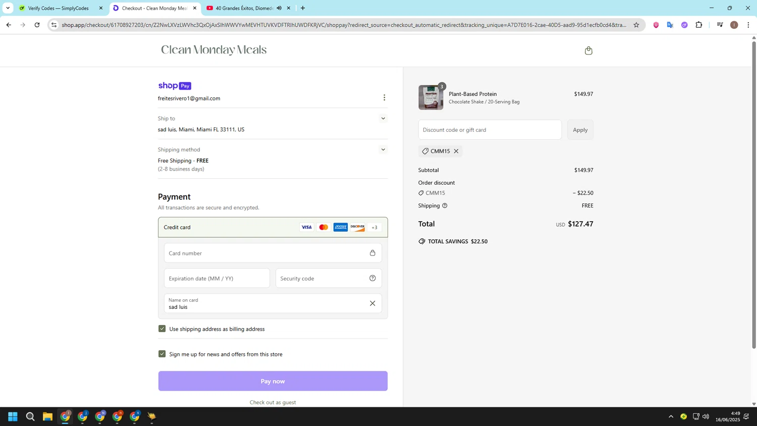 Clean Monday Meals discount code screenshot showing code cmm15 applied at Clean Monday Meals checkout page. Uploaded by SimplyCodes community member CashSleuth106 on Jun 16, 2025