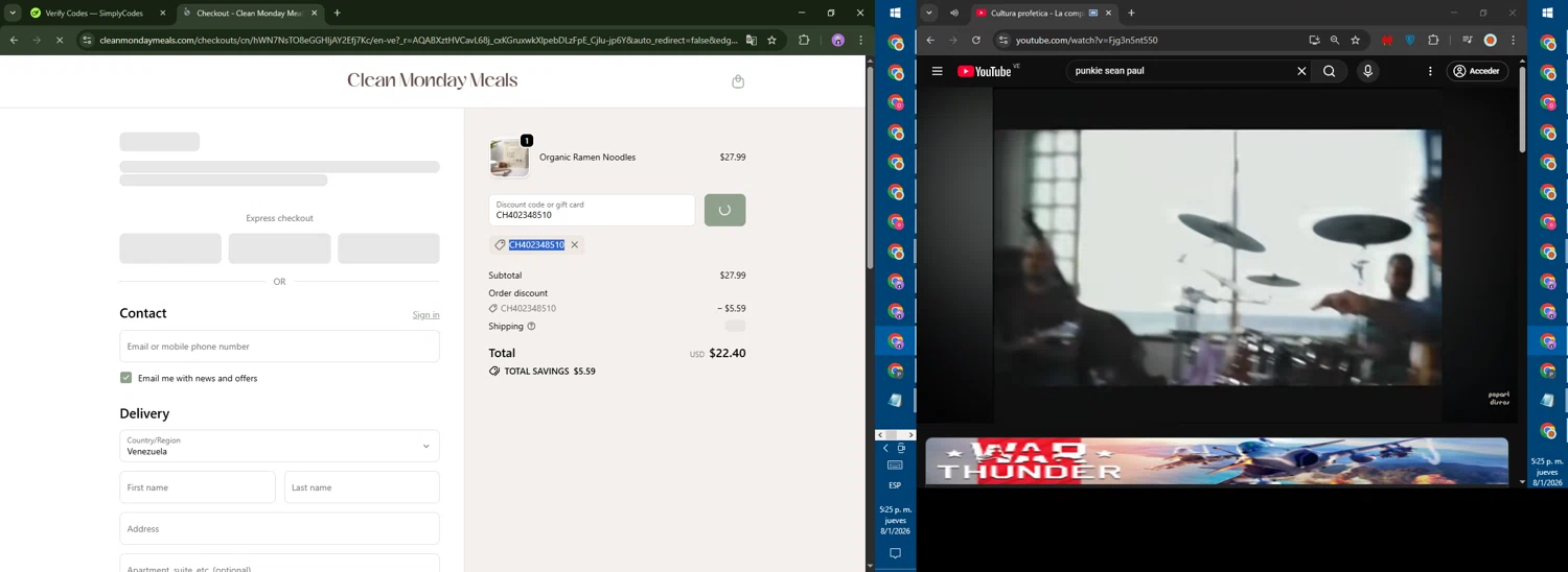 Clean Monday Meals checkout page showing Clean Monday Meals discount code box | Screenshot taken by SimplyCodes community member on Jan 8, 2026