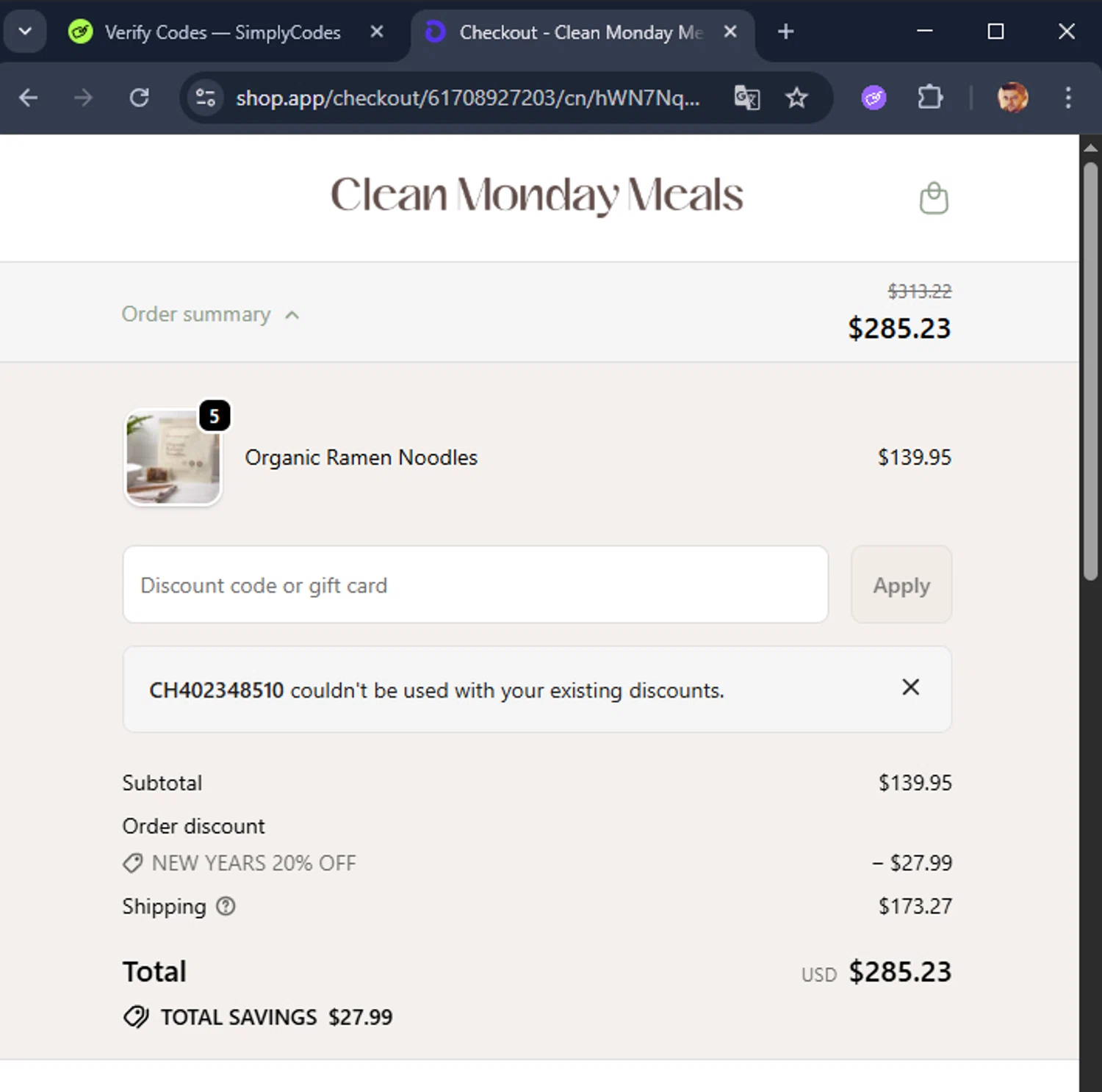 Clean Monday Meals checkout page showing Clean Monday Meals discount code box | Screenshot taken by SimplyCodes community member on Jan 8, 2026