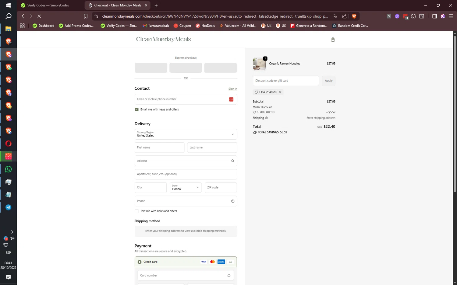 Clean Monday Meals discount code screenshot showing code CH402348510 applied at Clean Monday Meals checkout page. Uploaded by SimplyCodes community member ilarrazaM8 on Oct 28, 2025