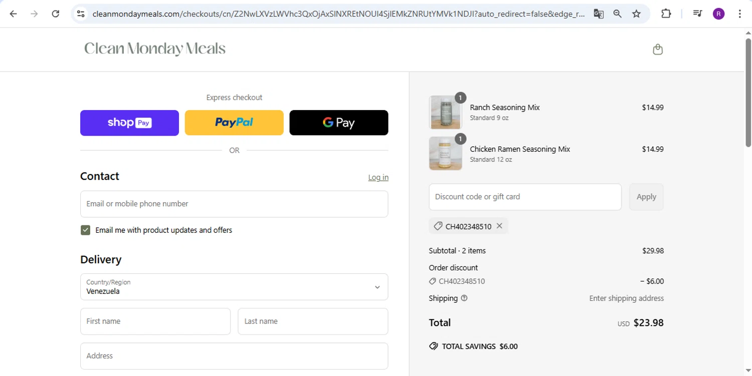 Clean Monday Meals discount code screenshot showing code CH402348510 applied at Clean Monday Meals checkout page. Uploaded by SimplyCodes community member rapc3030 on Apr 27, 2025