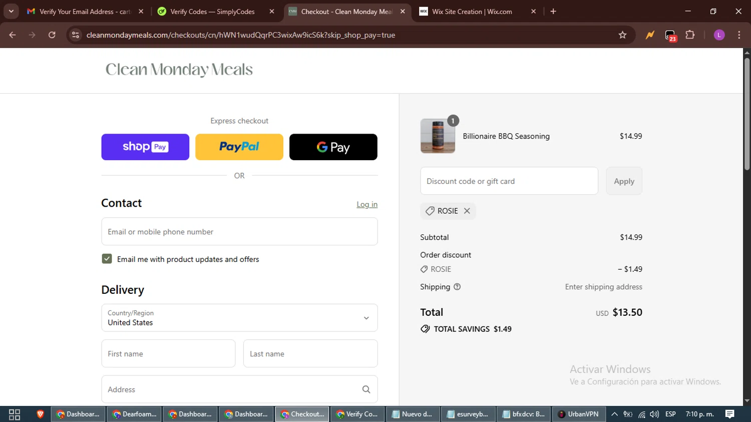 Clean Monday Meals discount code screenshot showing code ROSIE applied at Clean Monday Meals checkout page. Uploaded by SimplyCodes community member RewardScout5160 on Aug 18, 2025