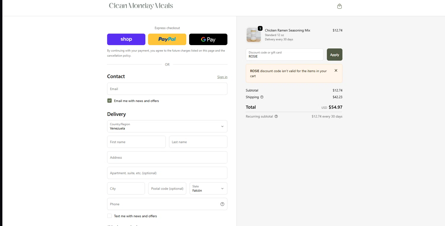Clean Monday Meals discount code screenshot showing code ROSIE applied at Clean Monday Meals checkout page. Uploaded by SimplyCodes community member WiseDefender6803 on Oct 15, 2025