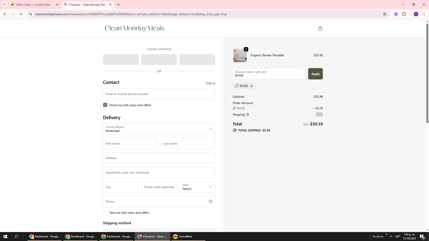 Clean Monday Meals discount code screenshot showing code ROSIE applied at Clean Monday Meals checkout page. Uploaded by SimplyCodes community member ukemochi on Oct 15, 2025