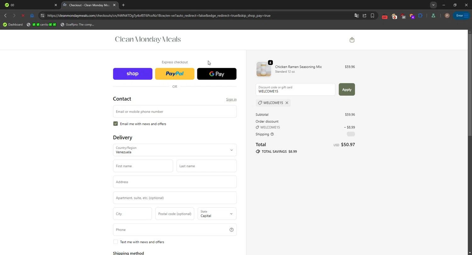 Clean Monday Meals discount code screenshot showing code WELCOME15 applied at Clean Monday Meals checkout page. Uploaded by SimplyCodes community member CrownPro3073 on Oct 24, 2025