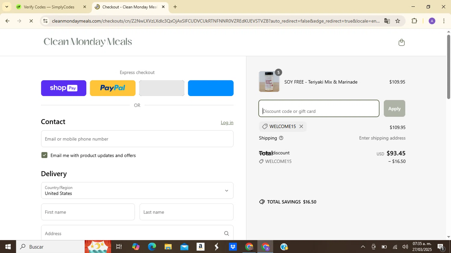 Clean Monday Meals discount code screenshot showing code WELCOME15 applied at Clean Monday Meals checkout page. Uploaded by SimplyCodes community member QuestScout5569 on Mar 27, 2025