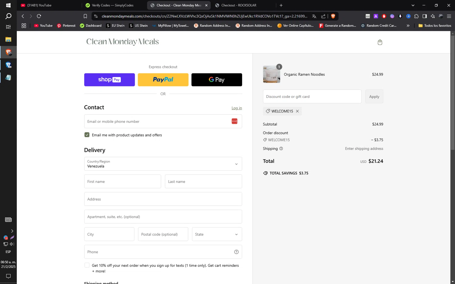 Clean Monday Meals discount code screenshot showing code WELCOME15 applied at Clean Monday Meals checkout page. Uploaded by SimplyCodes community member ilarrazaM1 on Feb 21, 2025