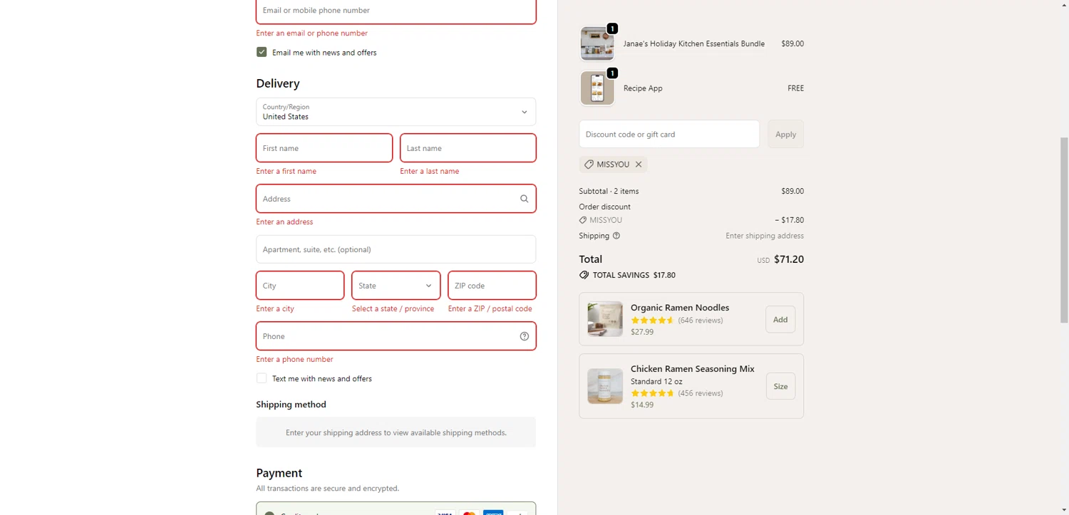 Clean Monday Meals discount code screenshot showing code MISSYOU applied at Clean Monday Meals checkout page. Uploaded by SimplyCodes community member SilverChaser3269 on Dec 24, 2025