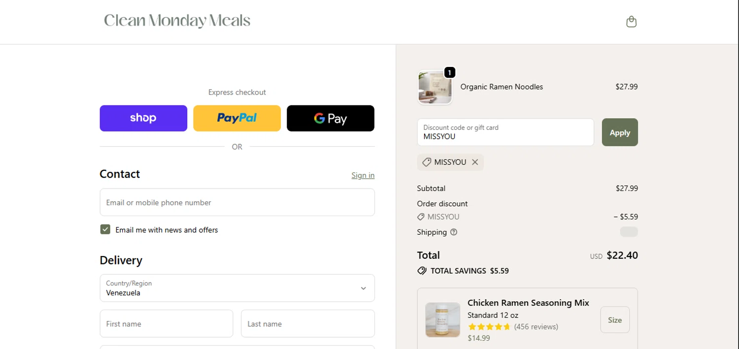 Clean Monday Meals discount code screenshot showing code MISSYOU applied at Clean Monday Meals checkout page. Uploaded by SimplyCodes community member juanisaac on Dec 24, 2025