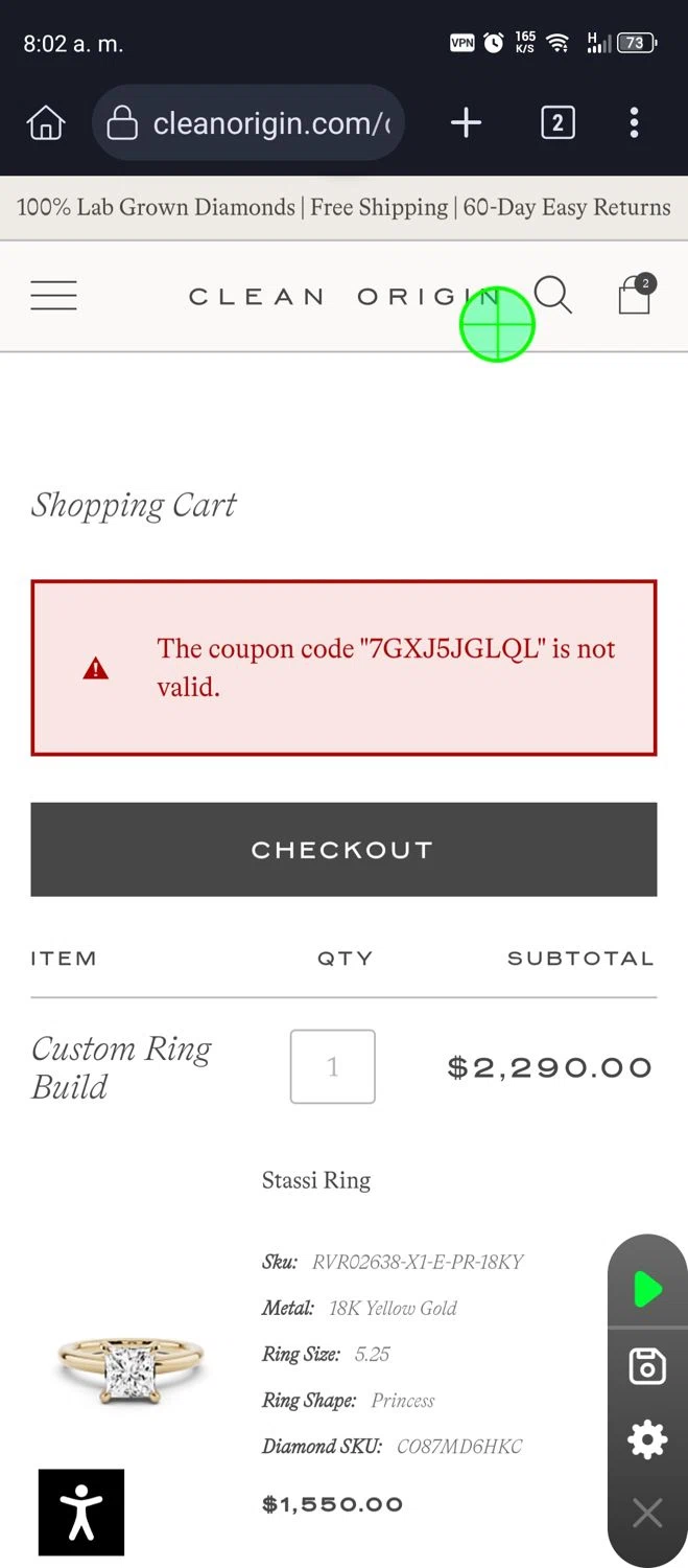 Clean Origin discount code screenshot showing code 7GXJ5JGLQL applied at Clean Origin checkout page. Uploaded by SimplyCodes community member Diego_Soto on Feb 26, 2025