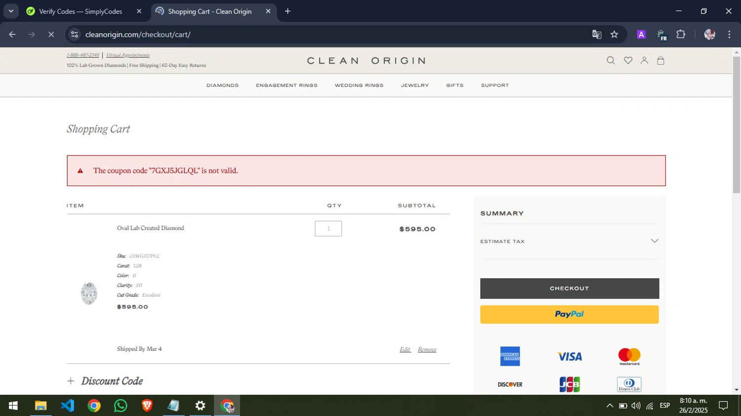 Clean Origin discount code screenshot showing code 7GXJ5JGLQL applied at Clean Origin checkout page. Uploaded by SimplyCodes community member Pansito on Feb 26, 2025