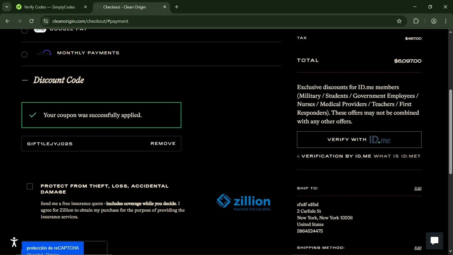 Clean Origin discount code screenshot showing code GIFT1LEJYJ025 applied at Clean Origin checkout page. Uploaded by SimplyCodes community member LegendaryFalcon5662 on Mar 28, 2025