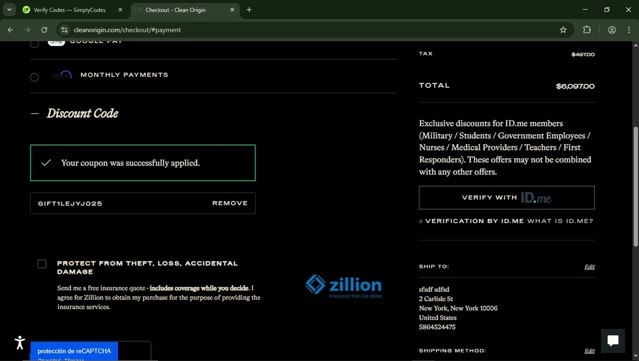 Clean Origin checkout page showing Clean Origin discount code box | Screenshot taken by SimplyCodes community member on Mar 28, 2025