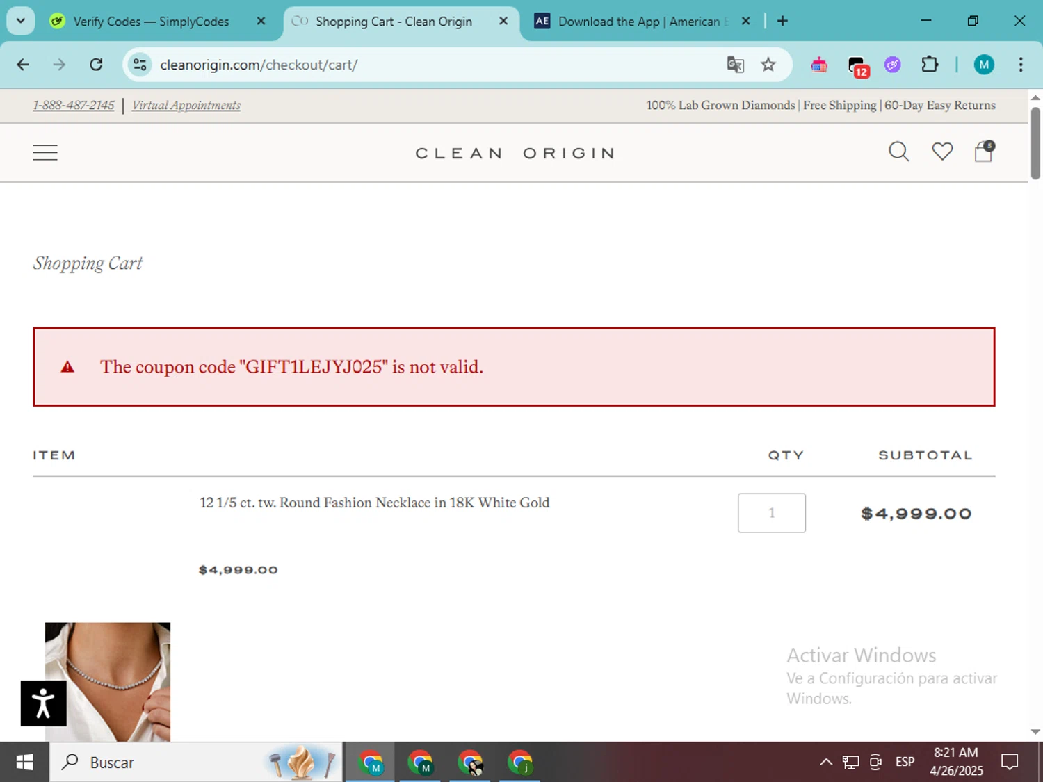 Clean Origin discount code screenshot showing code GIFT1LEJYJ025 applied at Clean Origin checkout page. Uploaded by SimplyCodes community member estrellaveloz on Apr 26, 2025