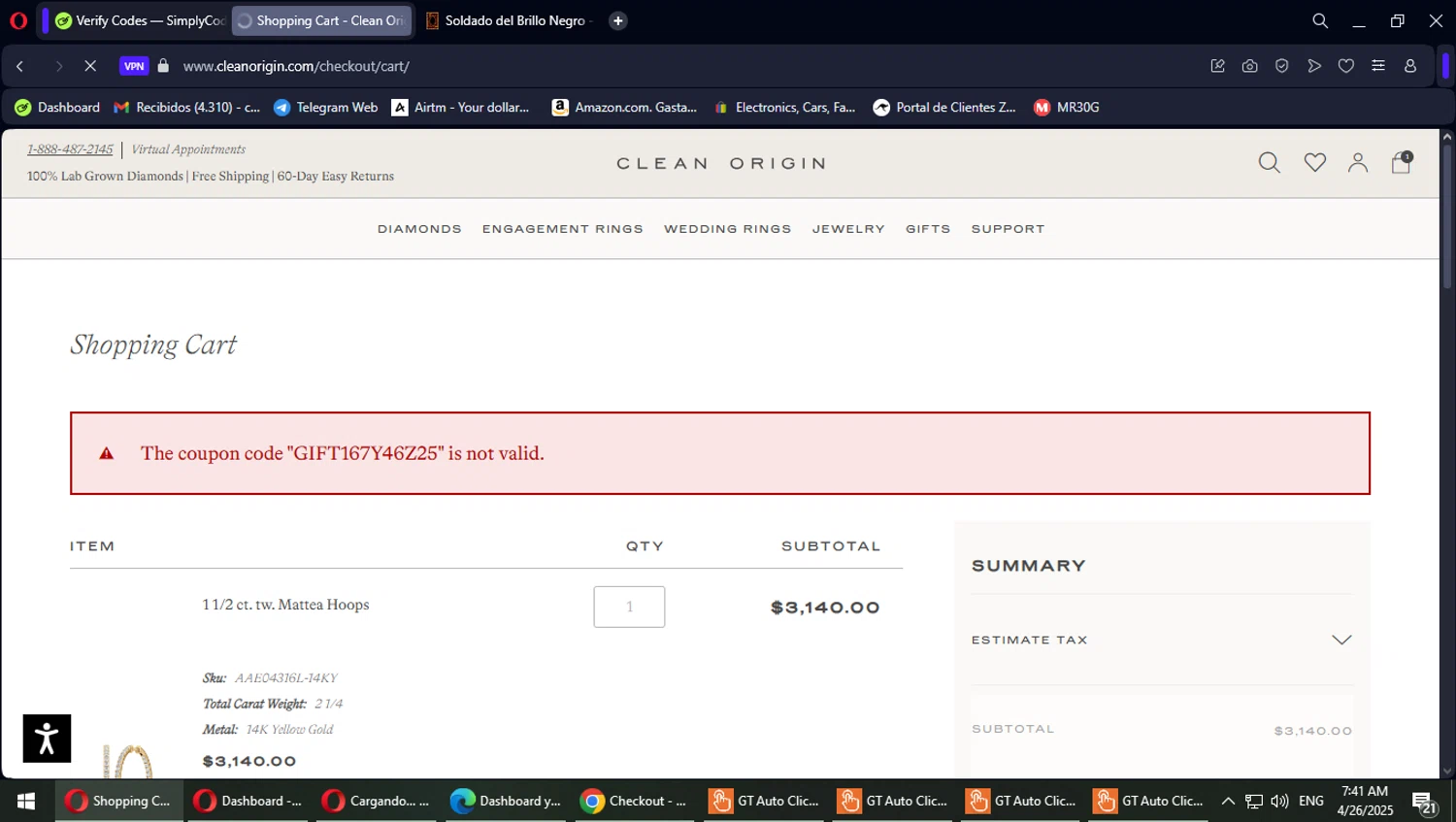 Clean Origin discount code screenshot showing code GIFT167Y46Z25 applied at Clean Origin checkout page. Uploaded by SimplyCodes community member PokeGOAT on Apr 26, 2025