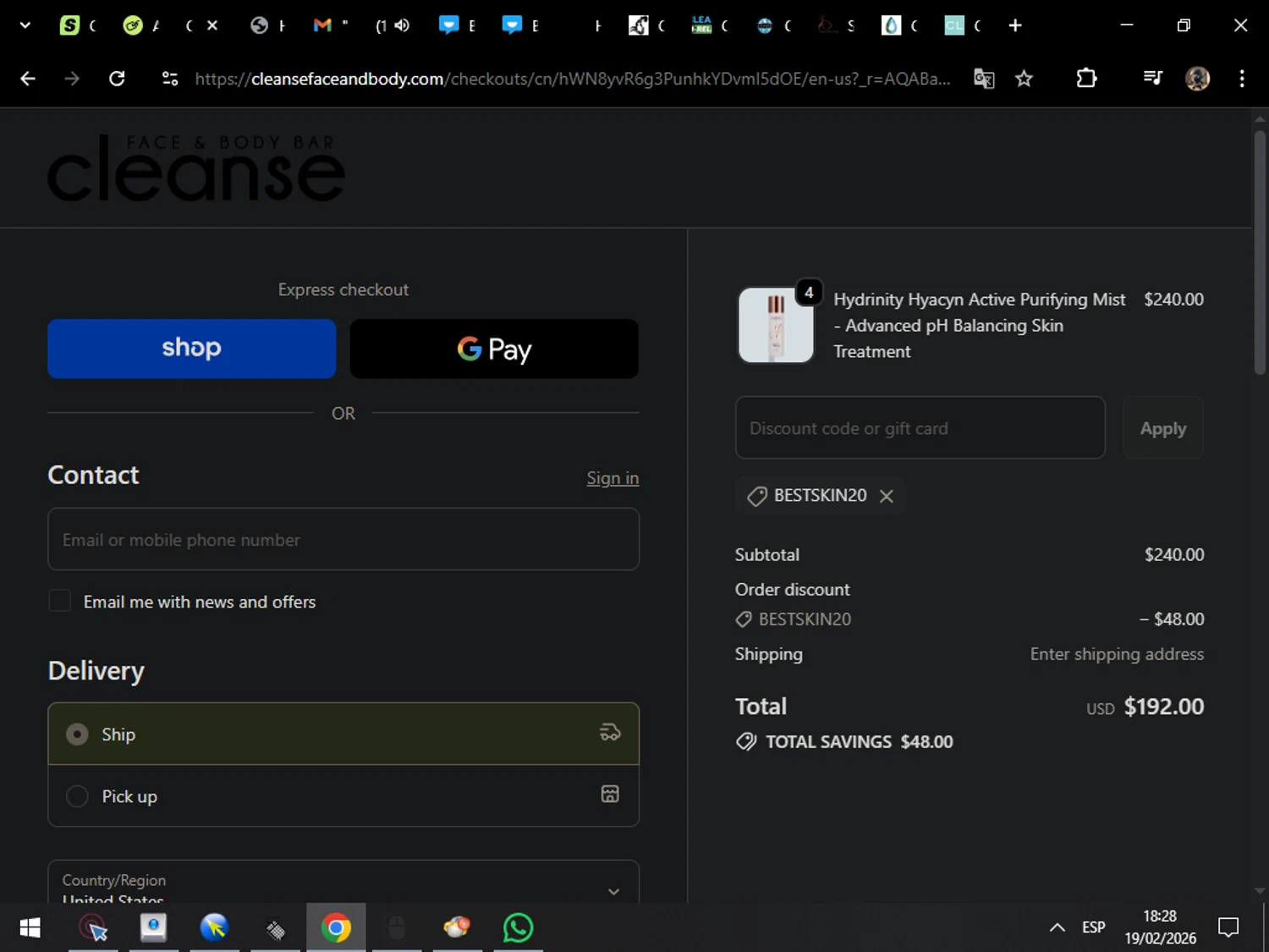 Cleanse promo code screenshot showing code bestskin20 applied at Cleanse checkout page. Uploaded by SimplyCodes community member MarcosAranguren on Feb 19, 2026