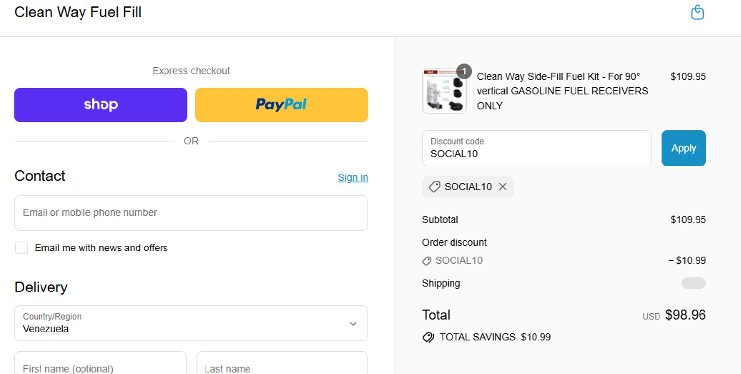 Clean Way Fuel Fill promo code screenshot showing code SOCIAL10 applied at Clean Way Fuel Fill checkout page. Uploaded by SimplyCodes community member aumentadax10 on Sep 14, 2025