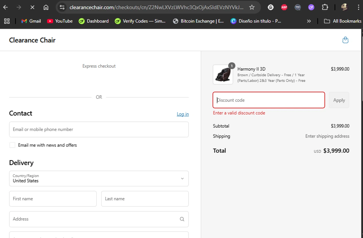 Clearance Chair promo code screenshot showing code BLISS applied at Clearance Chair checkout page. Uploaded by SimplyCodes community member LiShang on May 29, 2025