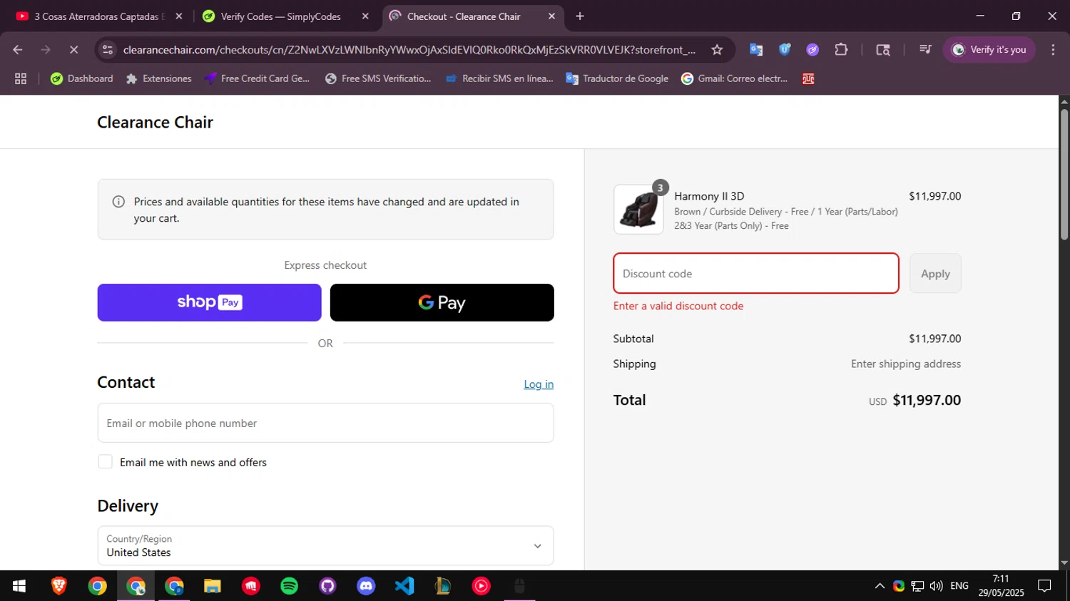 Clearance Chair promo code screenshot showing code BLISS applied at Clearance Chair checkout page. Uploaded by SimplyCodes community member ScanGenius949 on May 29, 2025