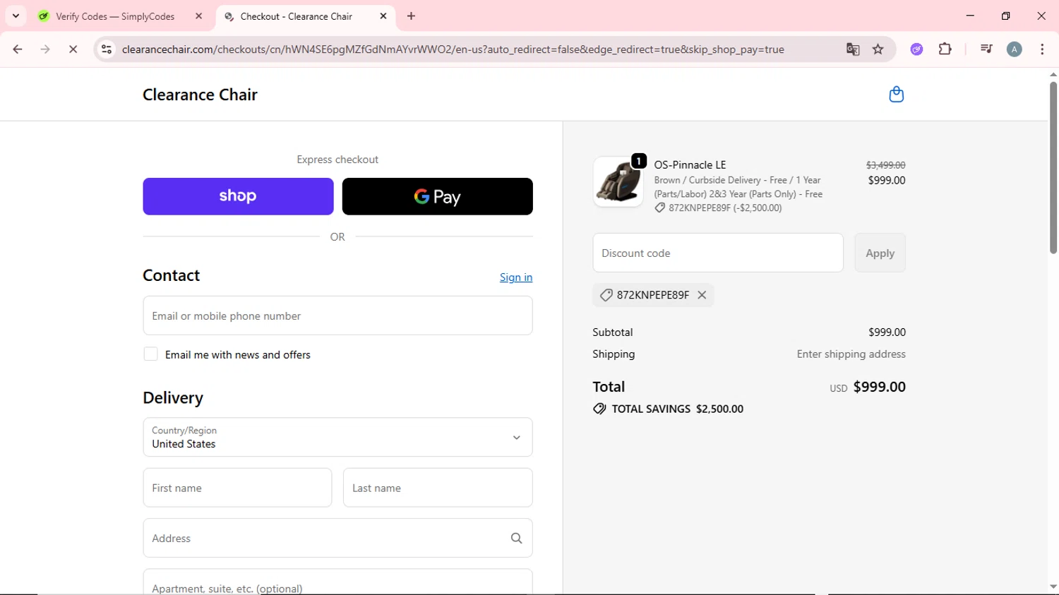 Clearance Chair promo code screenshot showing code 872KNPEPE89F applied at Clearance Chair checkout page. Uploaded by SimplyCodes community member CrownSpotter6947 on Oct 23, 2025