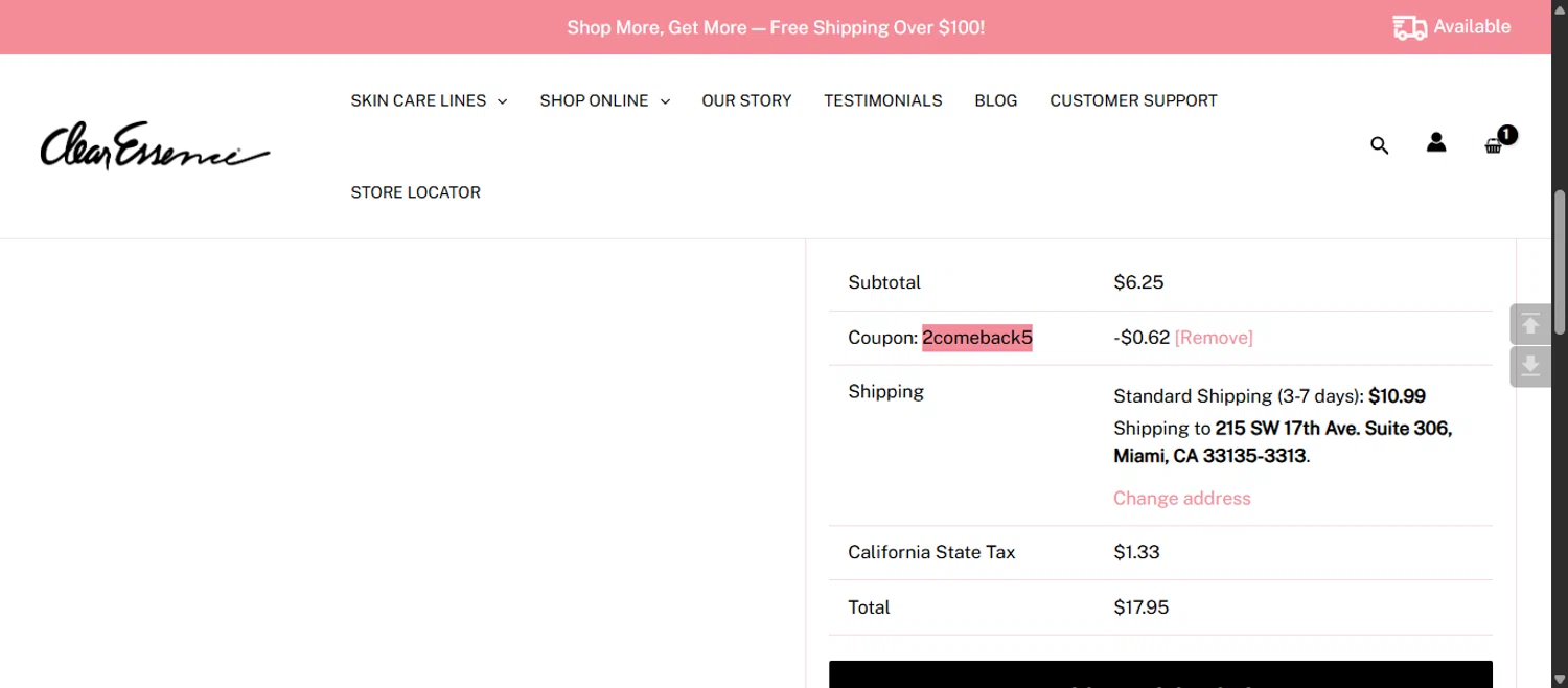 Clear Essence coupon code screenshot showing code 2comeback5 applied at Clear Essence checkout page. Uploaded by SimplyCodes community member 111111 on Dec 19, 2025