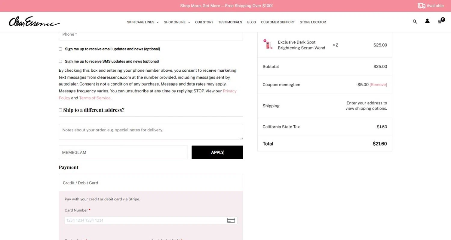 Clear Essence checkout page showing Clear Essence coupon code box | Screenshot taken by SimplyCodes community member on Jun 30, 2025