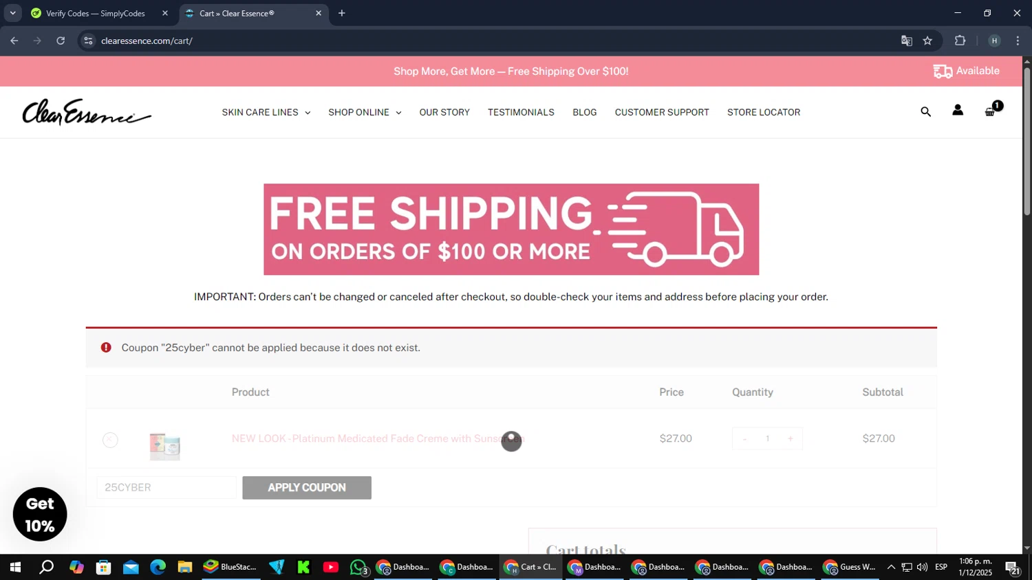 Clear Essence coupon code screenshot showing code 25CYBER applied at Clear Essence checkout page. Uploaded by SimplyCodes community member PromoScout8746 on Dec 1, 2025