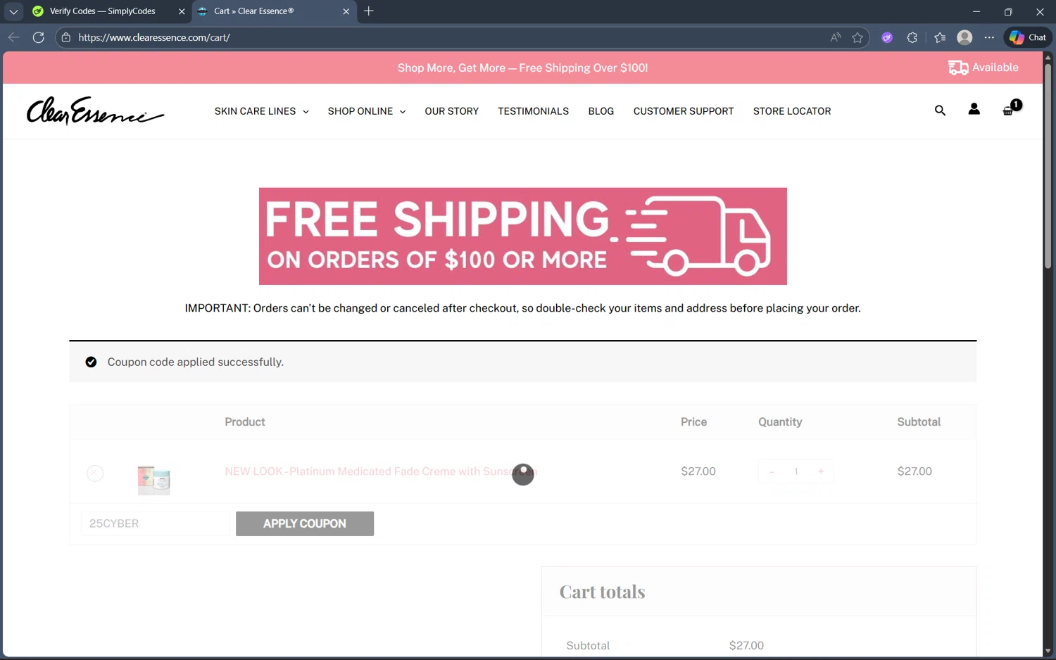 Clear Essence coupon code screenshot showing code 25CYBER applied at Clear Essence checkout page. Uploaded by SimplyCodes community member frijolito on Dec 1, 2025