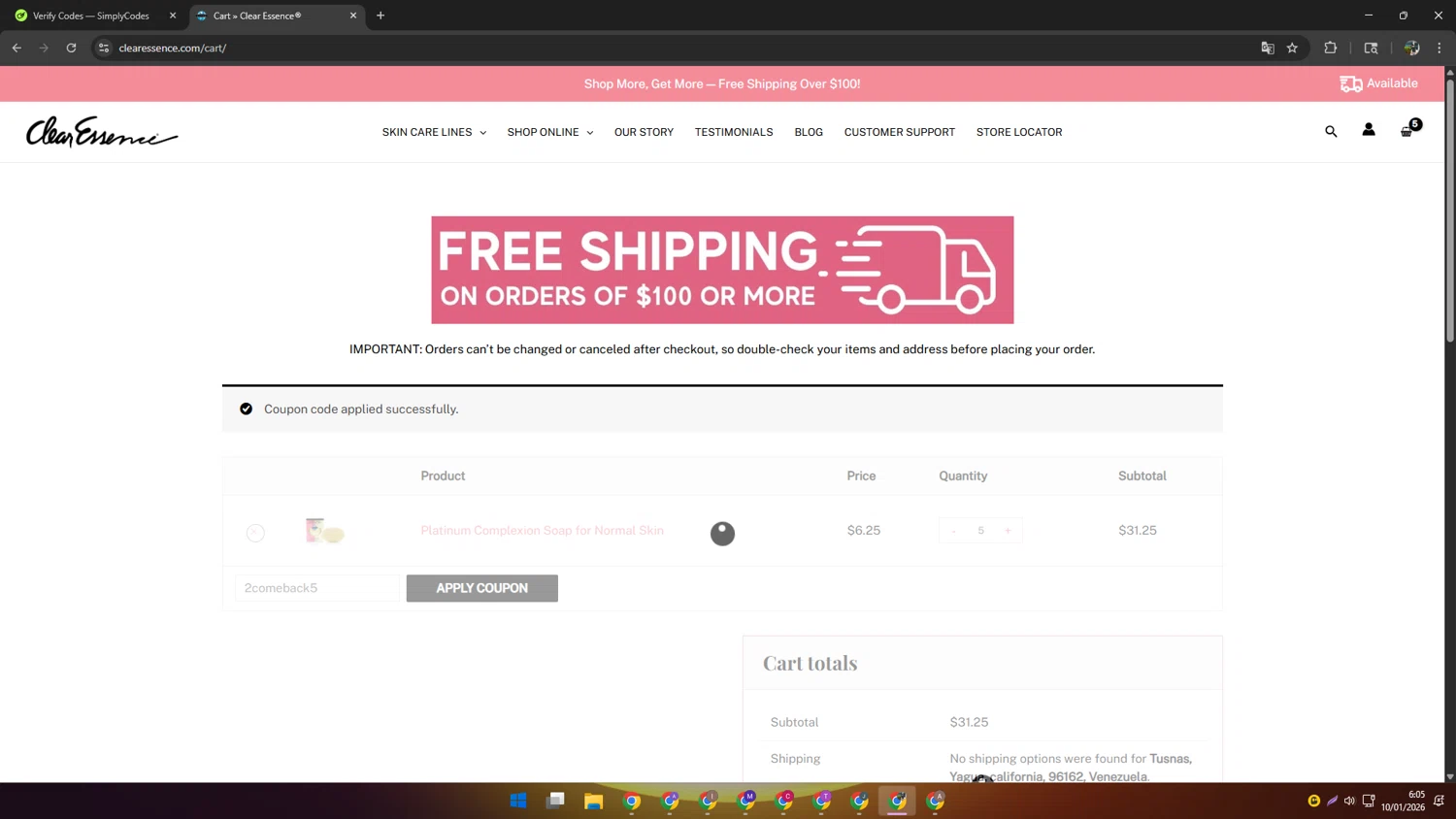 Clear Essence checkout page showing Clear Essence coupon code box | Screenshot taken by SimplyCodes community member on Jan 10, 2026