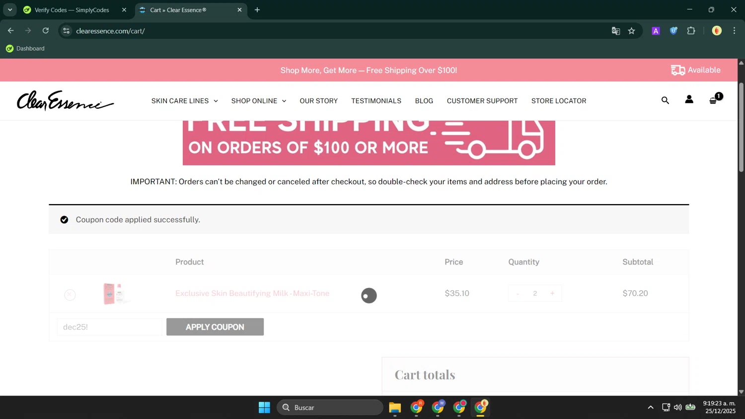 Clear Essence coupon code screenshot showing code dec25! applied at Clear Essence checkout page. Uploaded by SimplyCodes community member LuckyShopper9694 on Dec 25, 2025