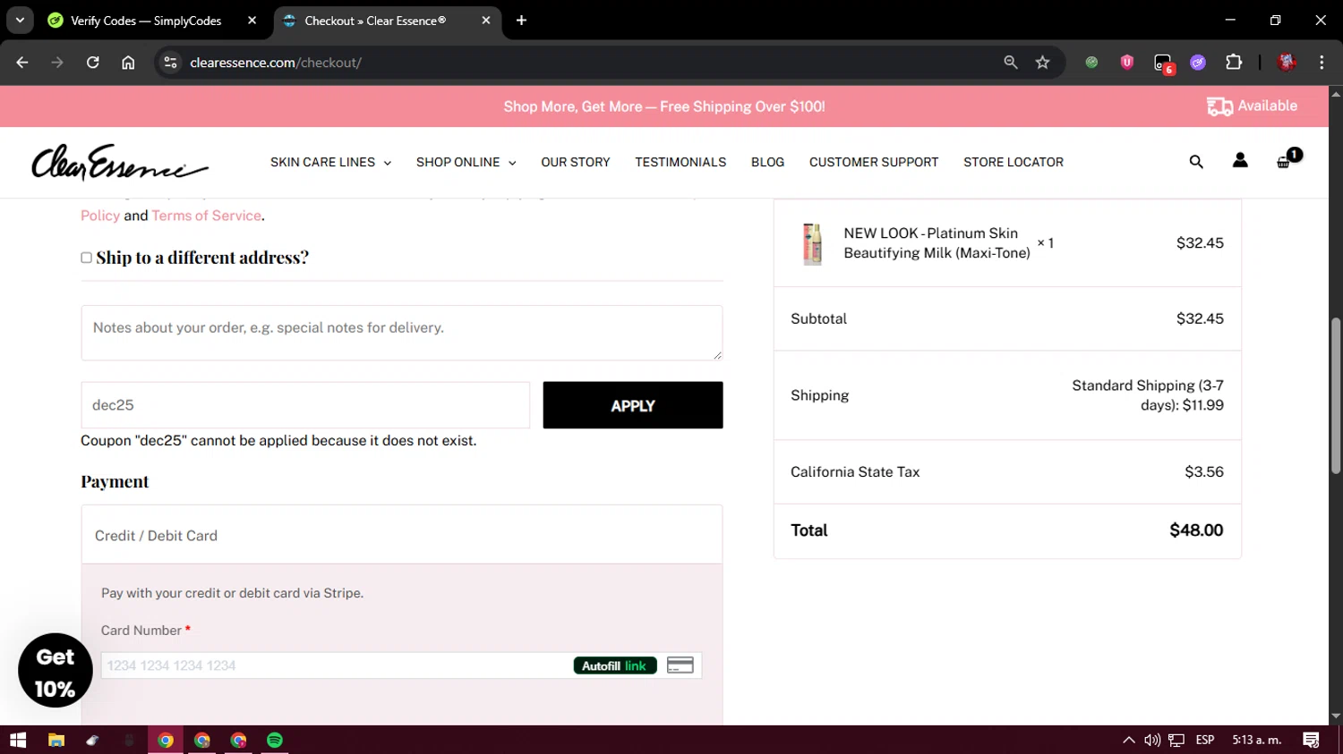 Clear Essence coupon code screenshot showing code dec25 applied at Clear Essence checkout page. Uploaded by SimplyCodes community member verify_codes on Dec 26, 2025