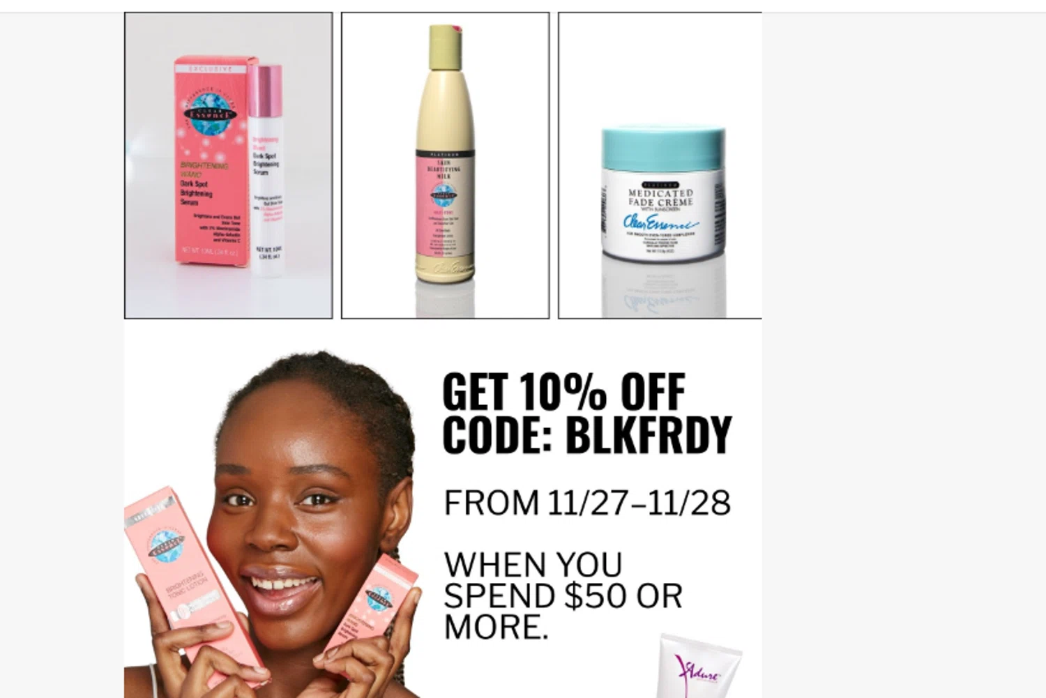 Clear Essence coupon code screenshot showing code blkfrdy applied at Clear Essence checkout page. Uploaded by SimplyCodes community member juanjose on Nov 27, 2025