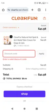 CLEARFURDEAL coupon verification screenshot