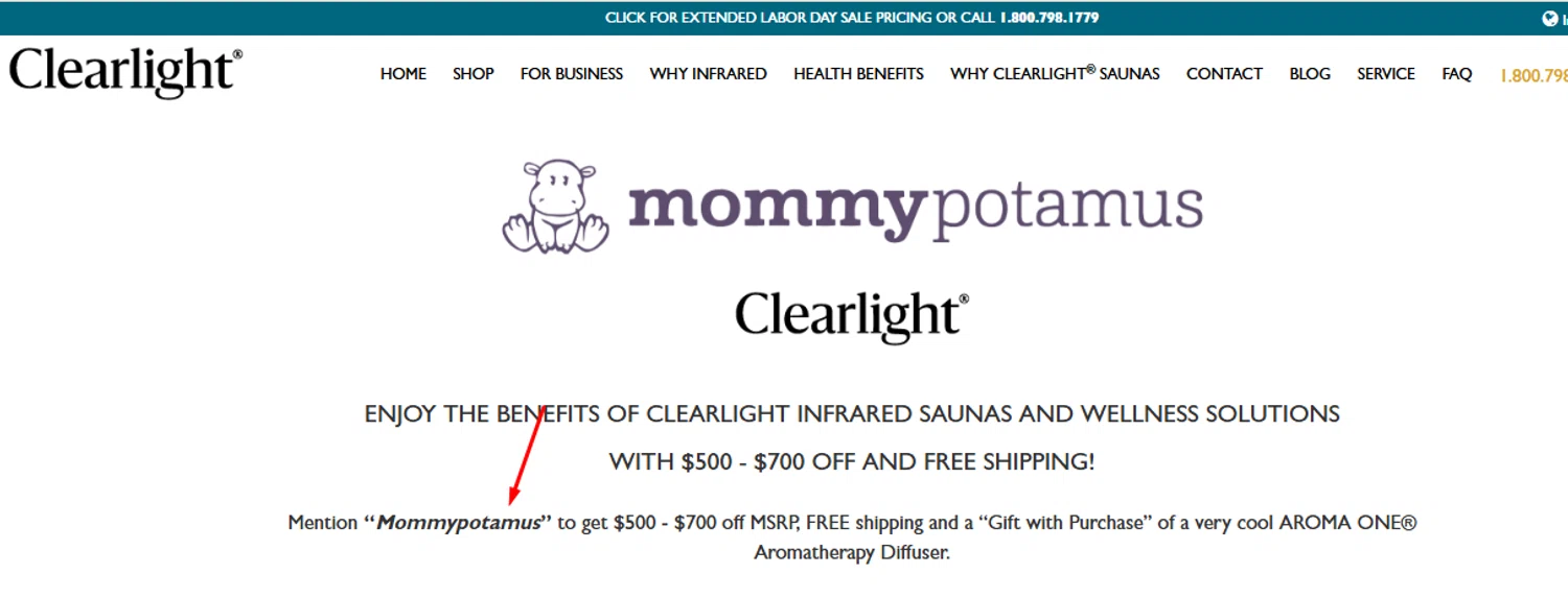 Clearlight promo code screenshot showing code Mommypotamus applied at Clearlight checkout page. Uploaded by SimplyCodes community member carlosrivero on Sep 7, 2025